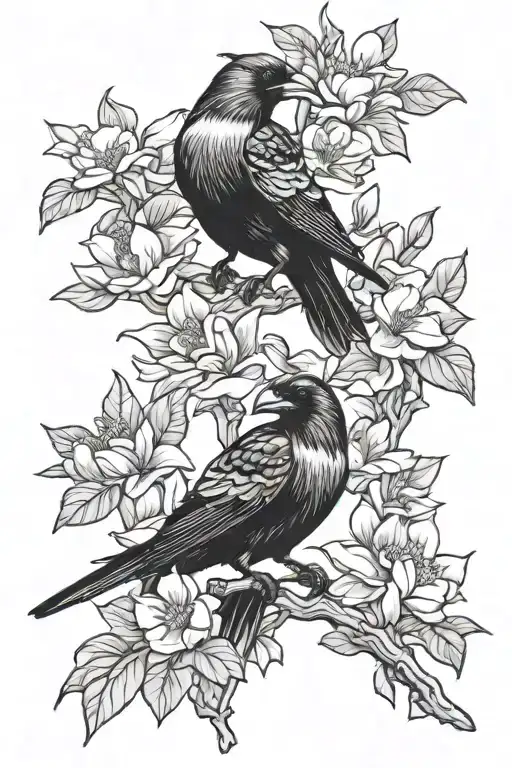 Magnolias And Raven Perched