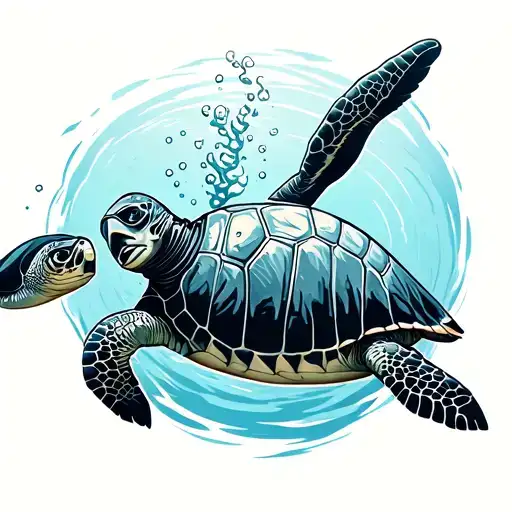 Scuba Diver And Turtle Swimming Gracefully