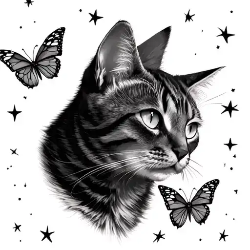 Cat Head And Butterflies Flying Through The Stars
