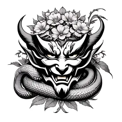Oni Mask With Flowers And Snake Wrapped Around It