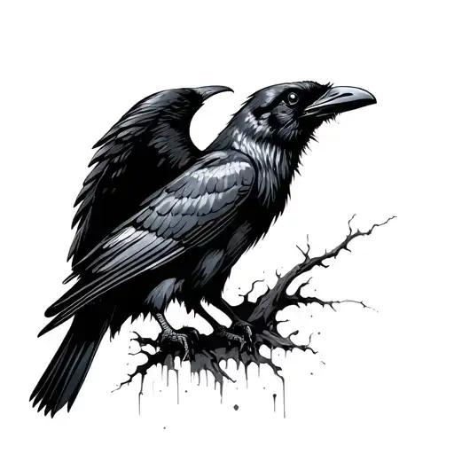 Crow With Wings Spread And Decomposed Full Kneck Tattoo Facing Forward