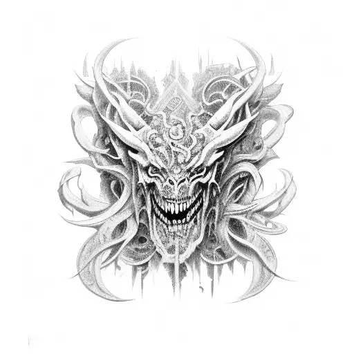 An Intricate Black And Grey Devil Surrounded By Swirling Torah Verses