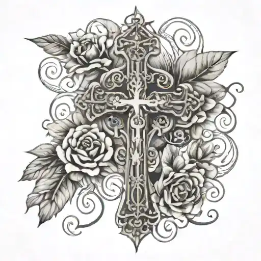 Intricate Tattoo Featuring A Cross In Floral And The Sigil Of Mary Auspice Maria