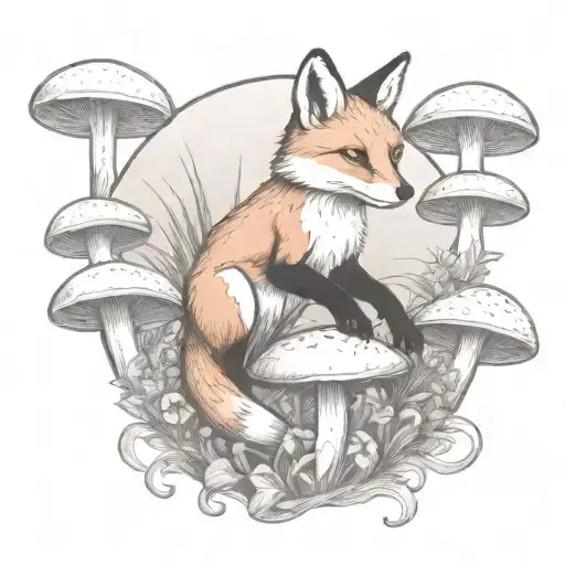 Fox Leap Into Field Of Mushrooms Tied With A Ribbon
