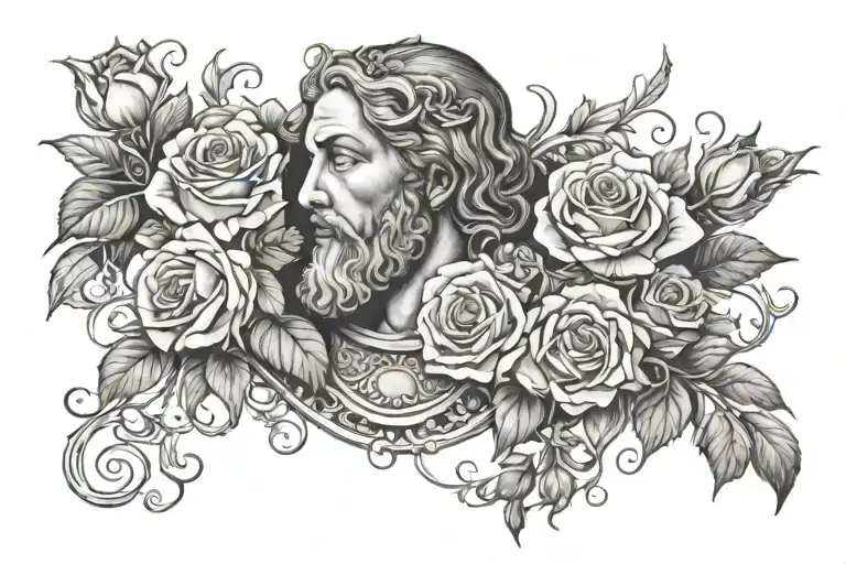 A Portrait Of A Biblical Figure Surrounded By Lace And Roses
