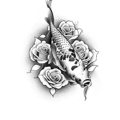 A Black And Grey Koi Fish Surrounded By Roses