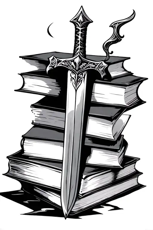 Sword Stabbing Open Book Stacked On Closed Books