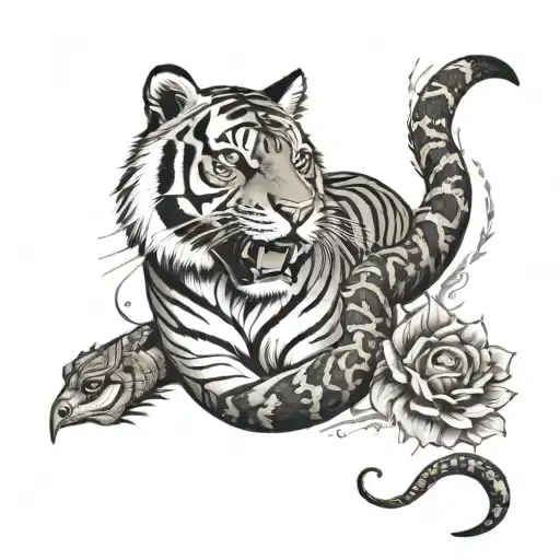 A Tiger And Snake With The Sunshine In The Background And Birds Flying Away