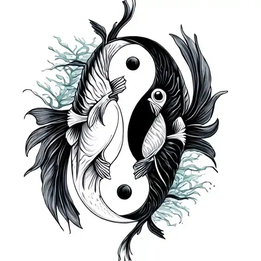 Sketch Of A Tattoo Of 2 Fish In A Yin Yang Setting Whose Tails Smoothly Transition Into Algae