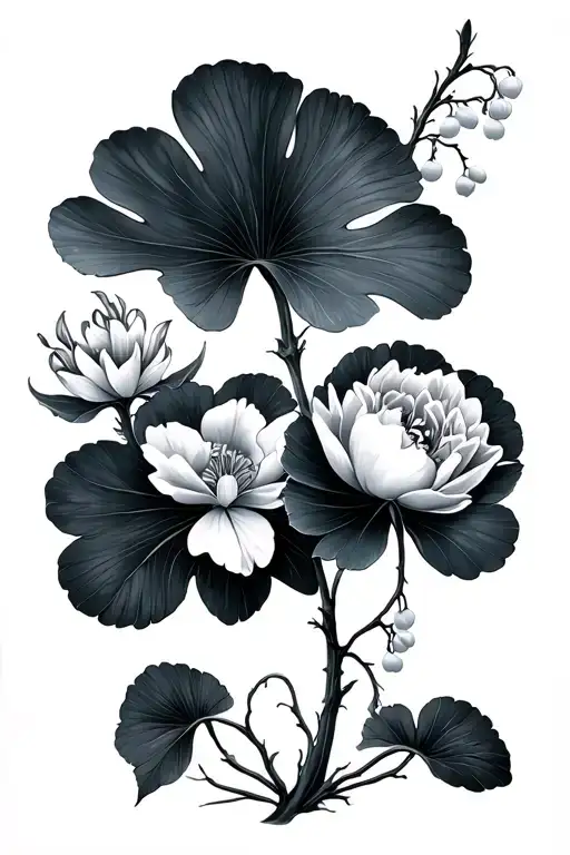 Ginkgo Leaves With Peonies And Lily Of The Valley Flowers