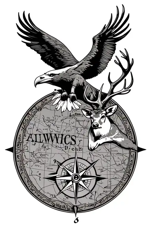 Topo Map With A Compass And A Bald Eagle And A Deer
