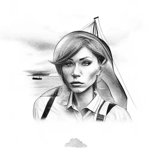 A Black And Grey Portrait Of A Loved One With A Ship In The Background