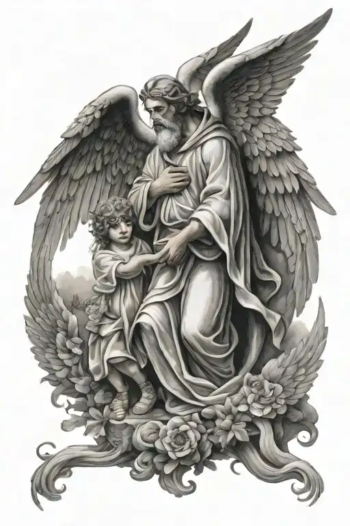 Saint Samuel With Wings Looking Down At A Boy Walking With Angels Leading The Boy To Heaven