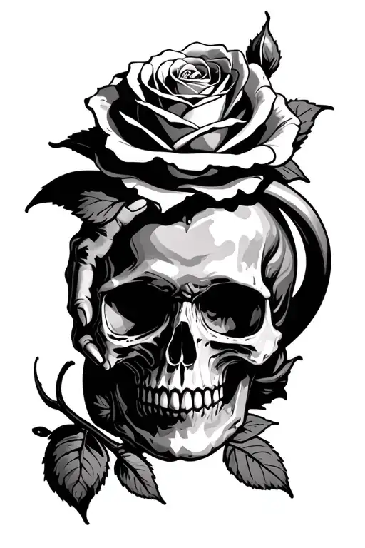 Skull Hand Hold Rose With Throns Wrapping Around Those