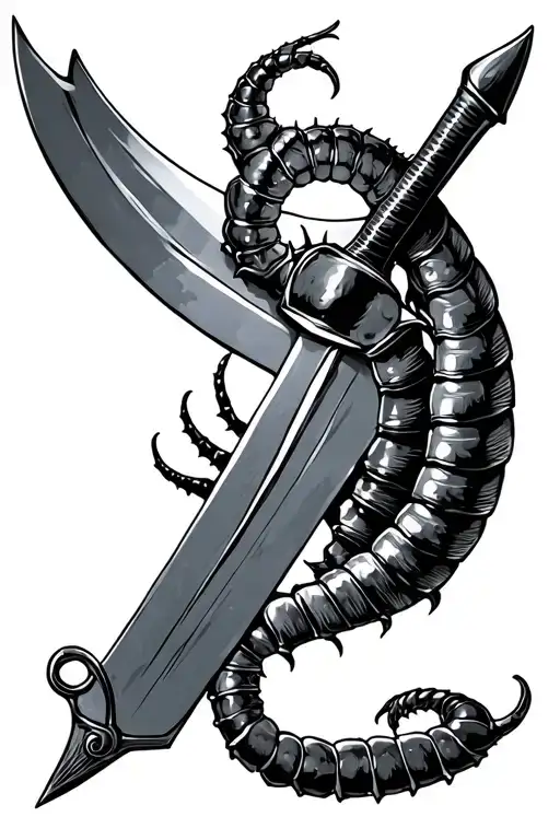 Centipede Wrapped Around Sword Surrounded