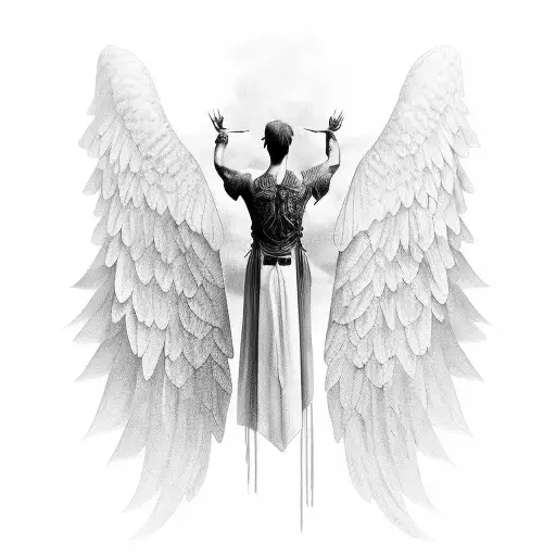 A Black And Grey Portrait Of Leon With Angelic Wings