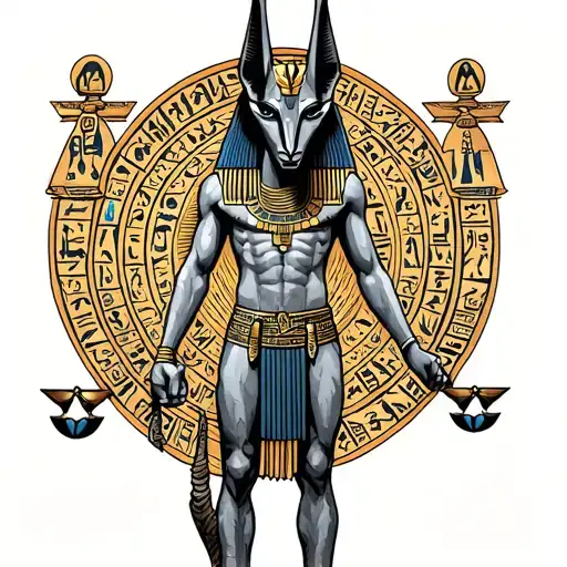 Egyptian God Anubis Surrounded By Hieroglyphics Intertwined Libra