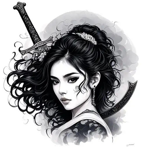Asian Lady With Sword Across Face