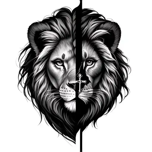 Half Lion Face And Half African American Woman With Cross