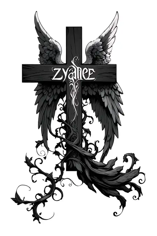 The Word Zyaire On A Cross With Big Realistic Angelic Winganglic And Vines Wrapping