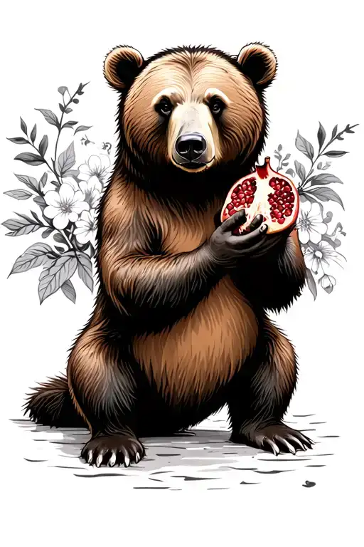 Brown Bear Sitting While Eating A Pomegranate With Floral Background