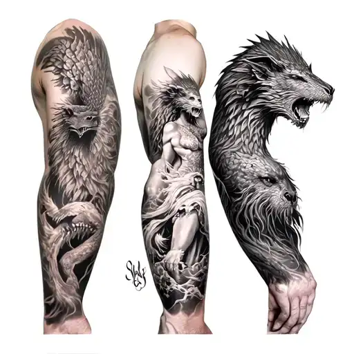 Realism Tattoo Arm Sleeve Of Mythical Creatures From The Bible