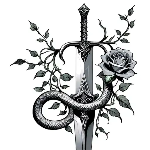 A Dagger With A Snake Wraped Around It And Vines Wrapping Around It And A Rose On The Dagger Blade