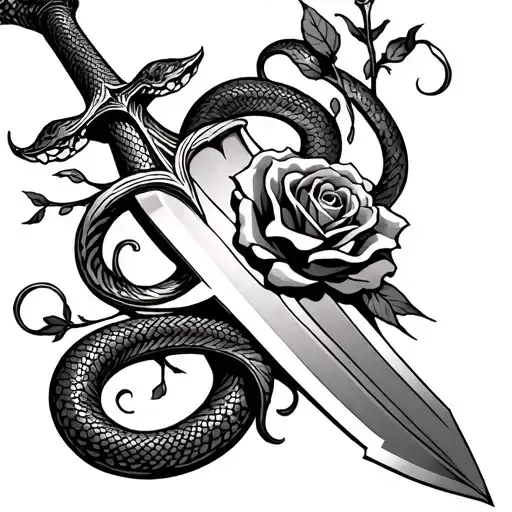 A Dagger With A Snake Wraped Around It And Vines Wrapping Around It And A Rose On The Dagger Blade
