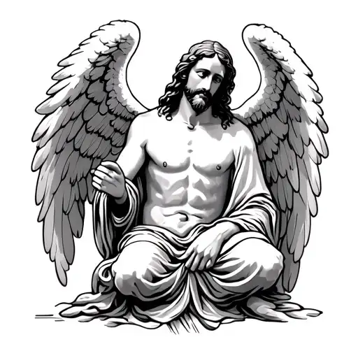 Jesus Kneeling With Angel Wings