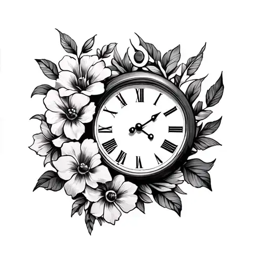 Clock And Flowers Surrounding