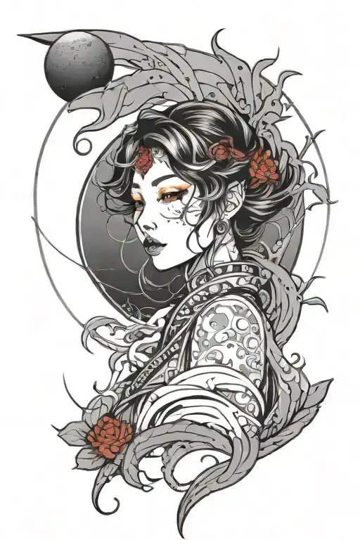 A Red Moon With Intricate Lineart Of A Woman Anime