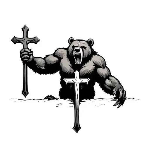 Roaring Bear With A Christian Cross In Its Claws