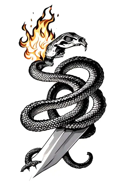 Snake Skeleton Wrapped Around Burning Sword