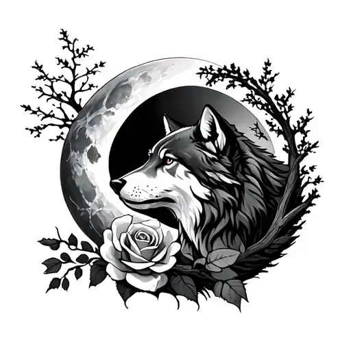 Wolf With Moon Trees And A Rose Intertwined