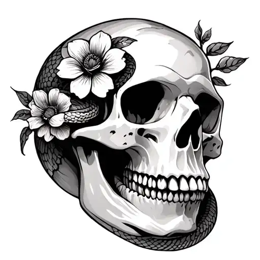 Snake Inside A Skull With Flowers