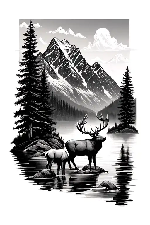 Mountain And Trees Lake Elk And Deer