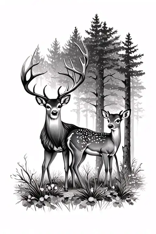 Doe With Her Fawn In The Forest And A Buck Standing Behind Them