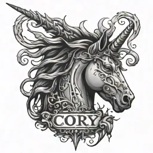 Decaying Black Unicorn Profile Head With Sharp Horn And The Word Cory Hidden In It
