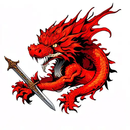 Red Flower Dragon Holding Sword In His Mouth