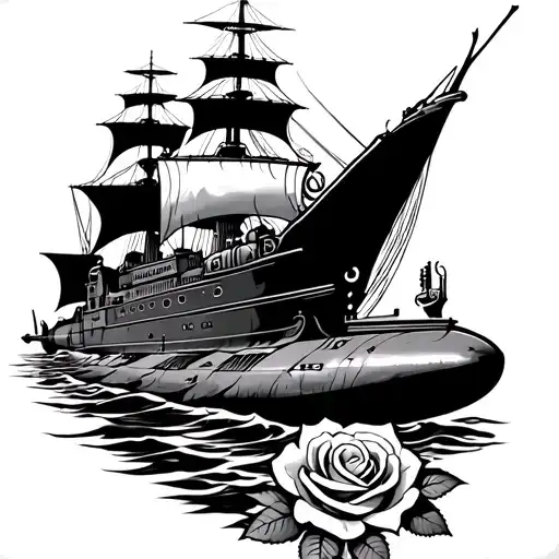 Compas Rose Tattoo With Modern French Navy Ship Sailing And French Submarine
