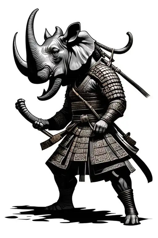 Samurai With A Rhinoceros Head With A Samurai With An Elephant Head