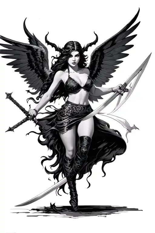 Sexy Demon Girl Sword Fighting Angels