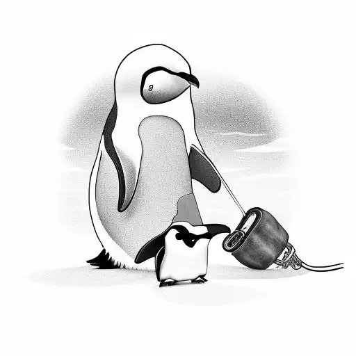A Black-grey Tattoo Of A Physical Therapist Helping A Penguin With A Musical Instrument