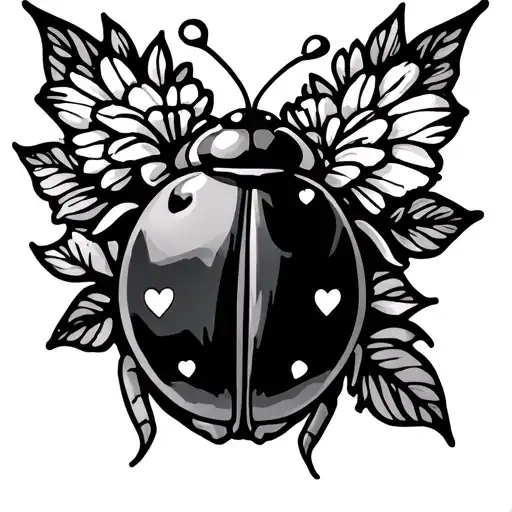 Lady Bug With Hearts As Wings And Flowers Behind Dainty