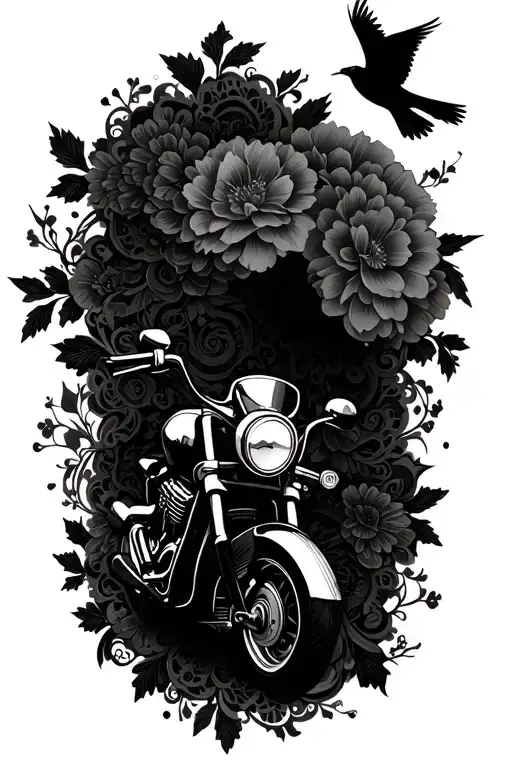 Floral Lace With Motorcycle And Birds Flying
