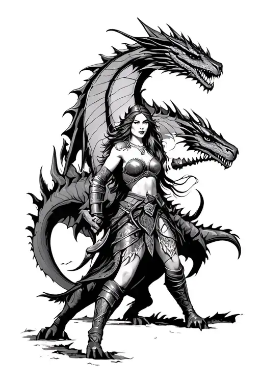 Female Viking Warrior Battling A Dragon