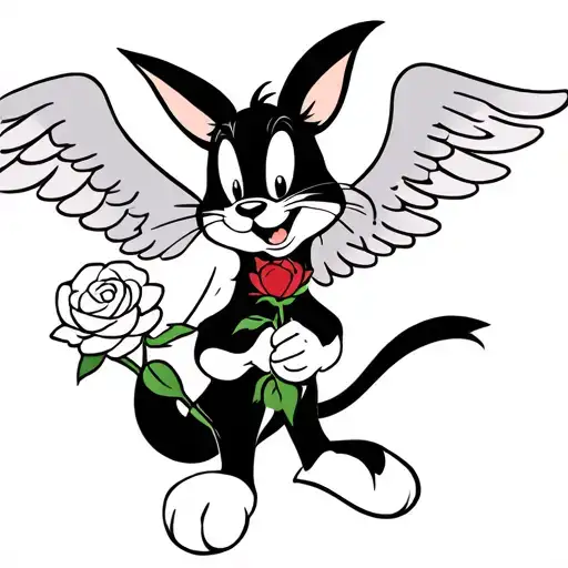 Sylvester Cat From Loonie Tunes Animated With Angel Wings Holding A Rose