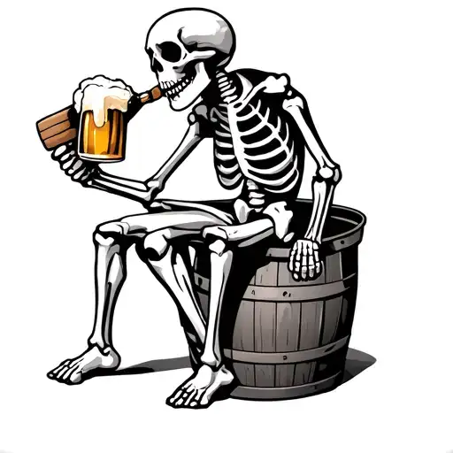 Skeleton Sitting On Beer Barrel Drinking A Beer Holding A Mash Paddle