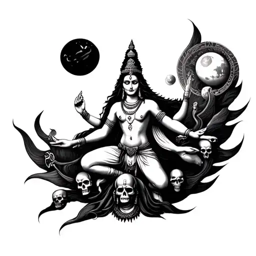 God Shiva Dance Of Creation Tattoo Design With Skulls And Planet On Side