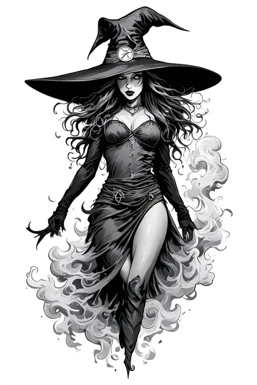 Flash Witch Tattoo With Smoke Coming From Waist Downwards